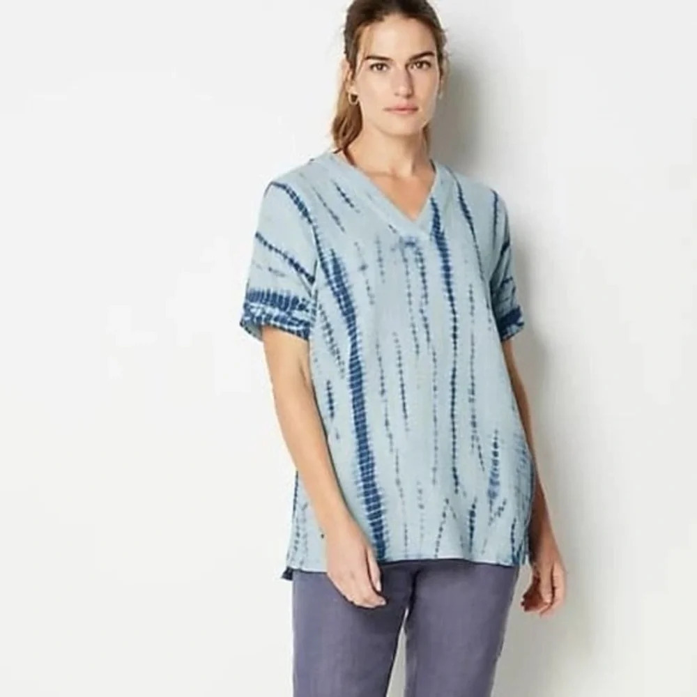 J. Jill Pure Jill Tie-Dyed Crinkle Gauze Tunic Top Blouse Cotton Blue Size XS